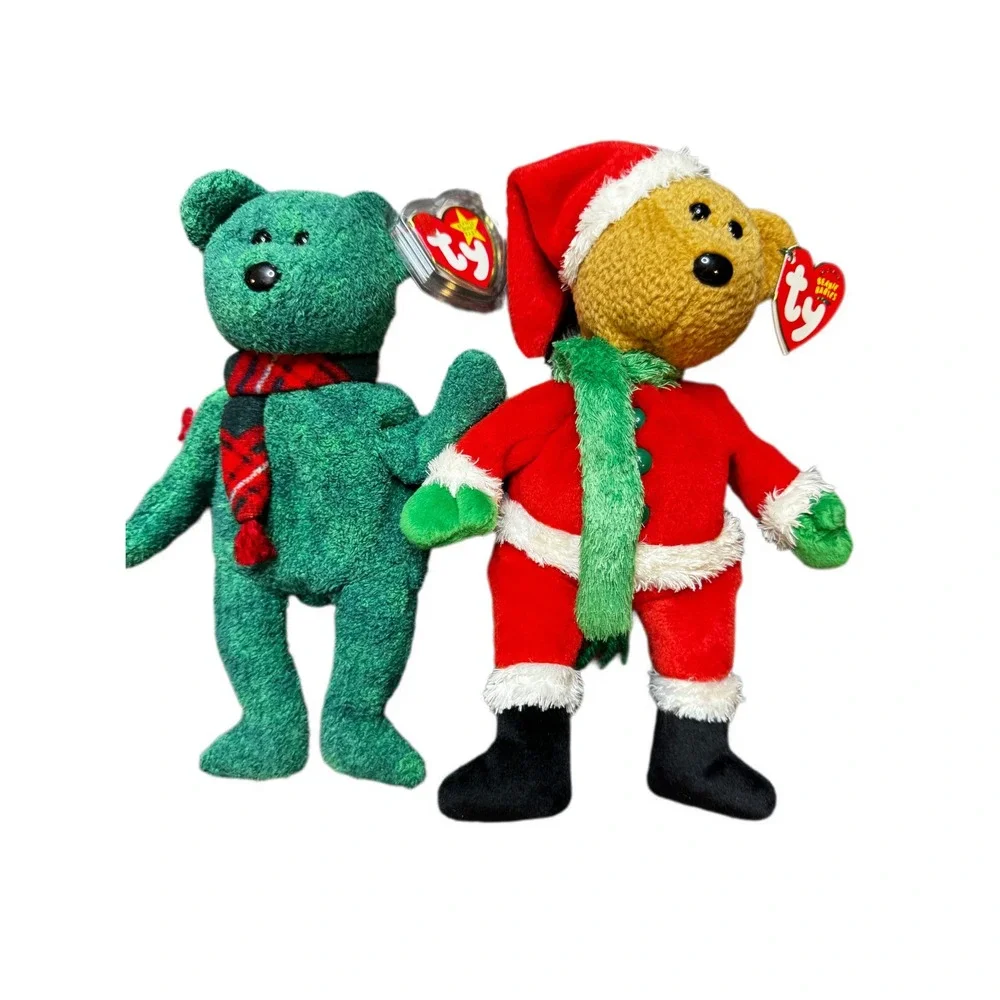 Ty Beanie Baby Wallace Green Bear & Kringle Christmas Bear Plush Stuffed Animal‎